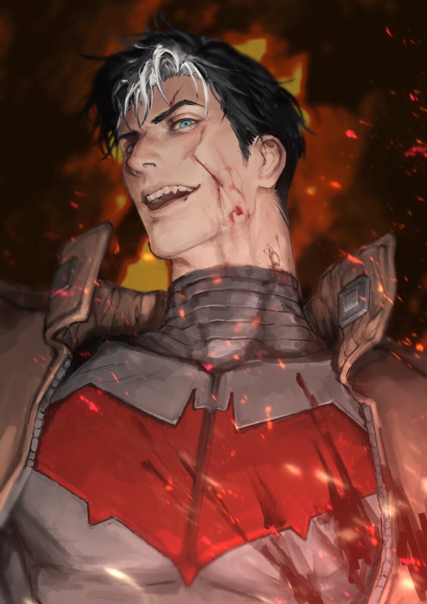 1boy batman_(series) batman_symbol black_bodysuit black_hair blue_eyes bodysuit brown_jacket dc_comics grey_bodysuit highres jacket jason_todd looking_at_viewer male_focus multicolored_hair muscular muscular_male pectorals red_hood_(dc) short_hair solo superhero_costume two-tone_bodysuit two-tone_hair tyt_tham white_hair