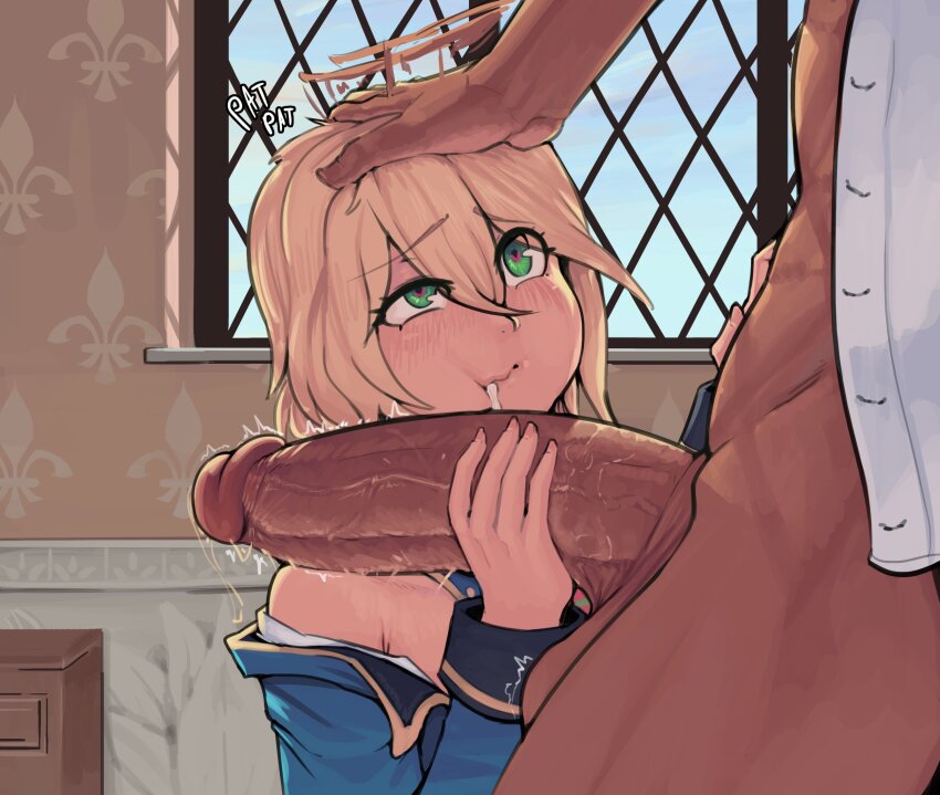 1boy 1girl after_fellatio afterimage blazblue blonde_hair blue_jacket blush boxman cum cum_in_mouth erection eyelashes furrowed_brow girthy_penis green_eyes hair_between_eyes hand_on_another&#039;s_head hand_up headpat heart heart-shaped_pupils hetero highres holding huge_penis indoors jacket large_penis long_hair long_sleeves looking_at_another looking_up motion_lines noel_vermillion off_shoulder penis symbol-shaped_pupils tareme twitching_penis uncensored uneven_eyes veins veiny_penis window