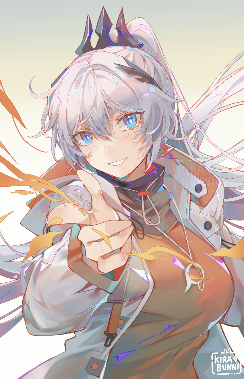 1girl absurdres artist_name blue_eyes commentary finger_gun gradient_background hair_ornament high_ponytail highres honkai_(series) honkai_impact_3rd honkai_impact_3rd_icon_parody jacket kiana_kaslana kiana_kaslana_(herrscher_of_flamescion) kirabunni long_hair long_sleeves looking_at_viewer pointing pointing_at_viewer ponytail smile solo upper_body white_hair white_jacket