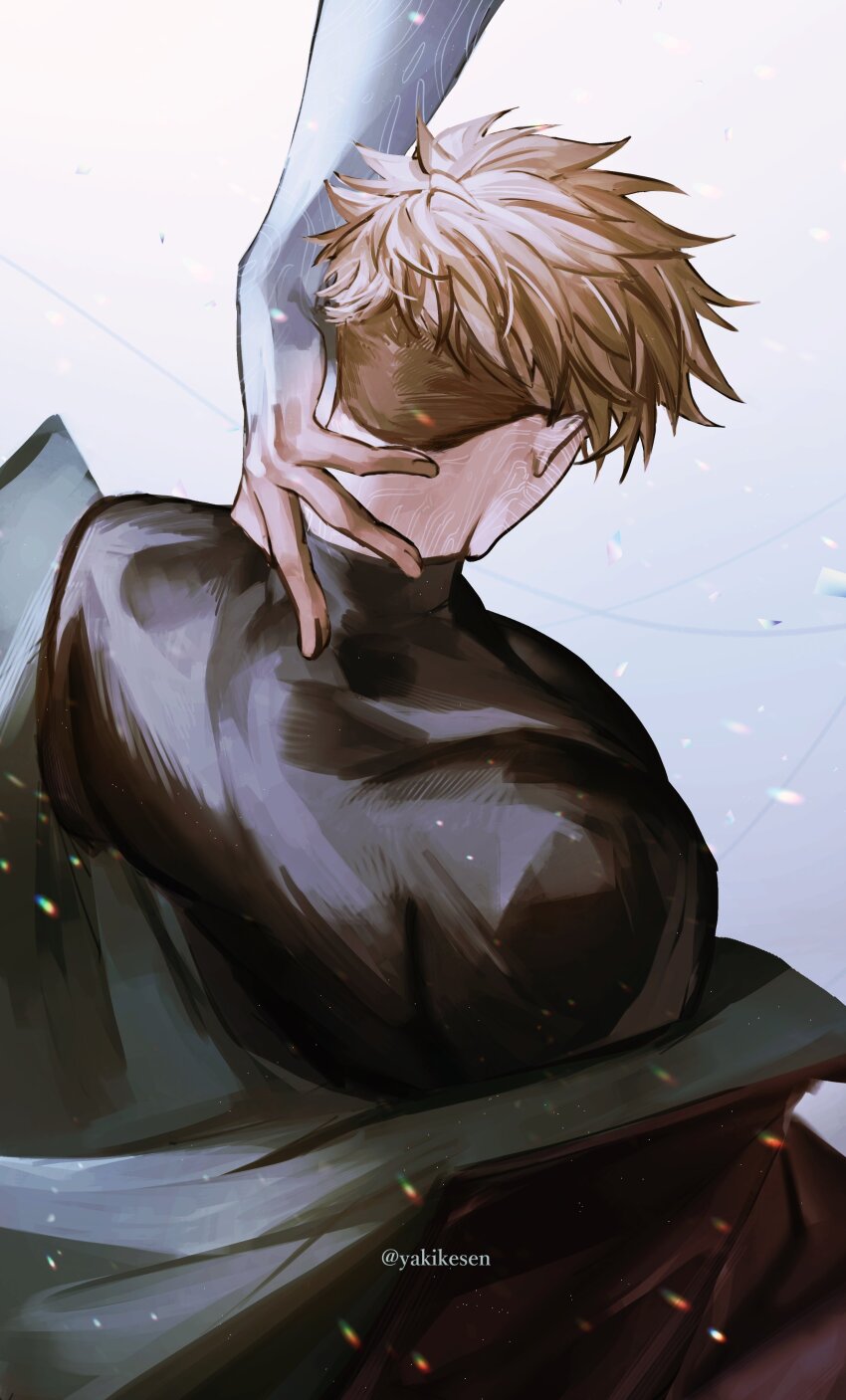 2boys absurdres black_shirt blonde_hair brothers from_behind hand_on_another&#039;s_neck highres light_particles male_focus millions_knives multiple_boys shirt siblings solo trigun trigun_stampede turtleneck turtleneck_shirt twitter_username undercut vash_the_stampede yakikesen