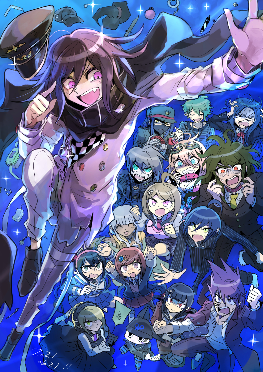&gt;_&lt; 2021 6+boys 6+girls ^_^ absurdres ahoge akamatsu_kaede amami_rantaro annoyed black_cape black_hair black_mask blonde_hair blue_eyes blue_hair butterfly_net buttons cape chabashira_tenko chasing checkered_clothes checkered_scarf closed_eyes crossed_arms cuffs danganronpa_(series) danganronpa_v3:_killing_harmony excited eyelashes fang flipped_hair flyswatter from_above glasses goggles goggles_on_head gokuhara_gonta green_eyes green_hair grey_hair hair_between_eyes hand_net handcuffs hands_on_own_head happy_birthday harukawa_maki hat highres holding holding_rope hoshi_ryoma iruma_miu jacket k1-b0 knife kumakoro_(tetsupag) long_hair long_sleeves low_twintails mask medium_hair momota_kaito mouth_mask multicolored_buttons multiple_boys multiple_girls oma_kokichi open_mouth pants peaked_cap pink_eyes pink_hair purple_eyes purple_hair red_eyes red_hair rope round_eyewear saihara_shuichi scarf shinguji_korekiyo shirogane_tsumugi shirt short_hair smile solo_focus sparkle spiked_hair striped_clothes striped_shirt surprised teeth thigh_strap tojo_kirumi twintails two-tone_scarf upper_teeth_only very_long_hair white_pants witch_hat yellow_eyes yonaga_angie yumeno_himiko