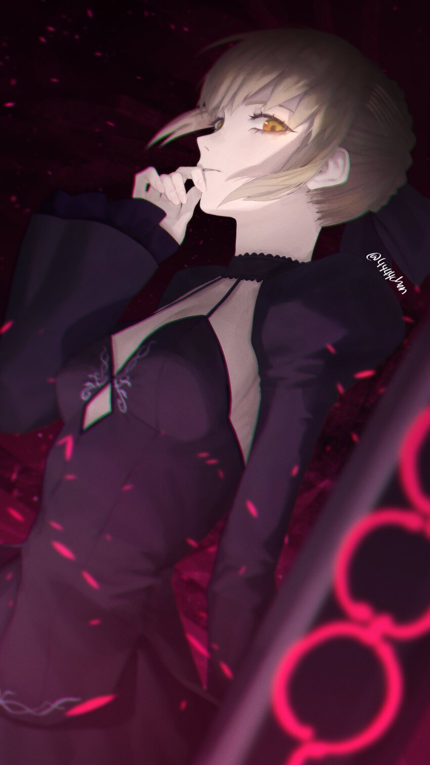 1girl 4444chen absurdres artoria_pendragon_(fate) black_dress blonde_hair breasts dress expressionless fate/stay_night fate_(series) highres juliet_sleeves long_sleeves looking_at_viewer puffy_sleeves saber_alter small_breasts solo yellow_eyes