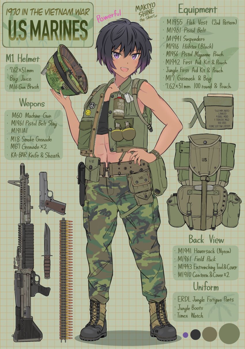 1girl abs backpack bag black_hair blush boots bullet character_name combat_helmet crop_top dog_tags erdl_pattern explosive gray_fullbuster green_vest gun handgun helmet highres holding holding_helmet holding_unworn_helmet jacket knife looking_at_viewer m1_helmet machine_gun makiyo_shine military_jacket military_uniform multicolored_hair muscular muscular_female navel open_mouth original pants peace_symbol reference_sheet reverse_trap shirt short_hair simple_background smile smiley_face solo standing tan text_focus tomboy toned united_states_army united_states_marine_corps very_short_hair vest vietnam_war weapon