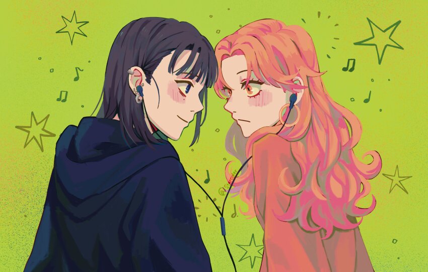 2girls absurdres beamed_eighth_notes black_hair black_hoodie blue_eyes blush choppy_bangs closed_mouth commentary dotted_half_note ear_piercing earphones earrings eighth_note english_commentary eye_contact face-to-face green_background highres hood hood_down hoodie hoop_earrings jewelry kininatteru_hito_ga_otoko_ja_nakatta koga_mitsuki long_hair looking_at_another mole mole_under_eye multiple_girls musical_note oosawa_aya orange_eyes orange_hair orange_sweater parted_bangs piercing quarter_note shared_earphones short_hair smile star_(symbol) star_cider sweater twitter_username upper_body wavy_hair
