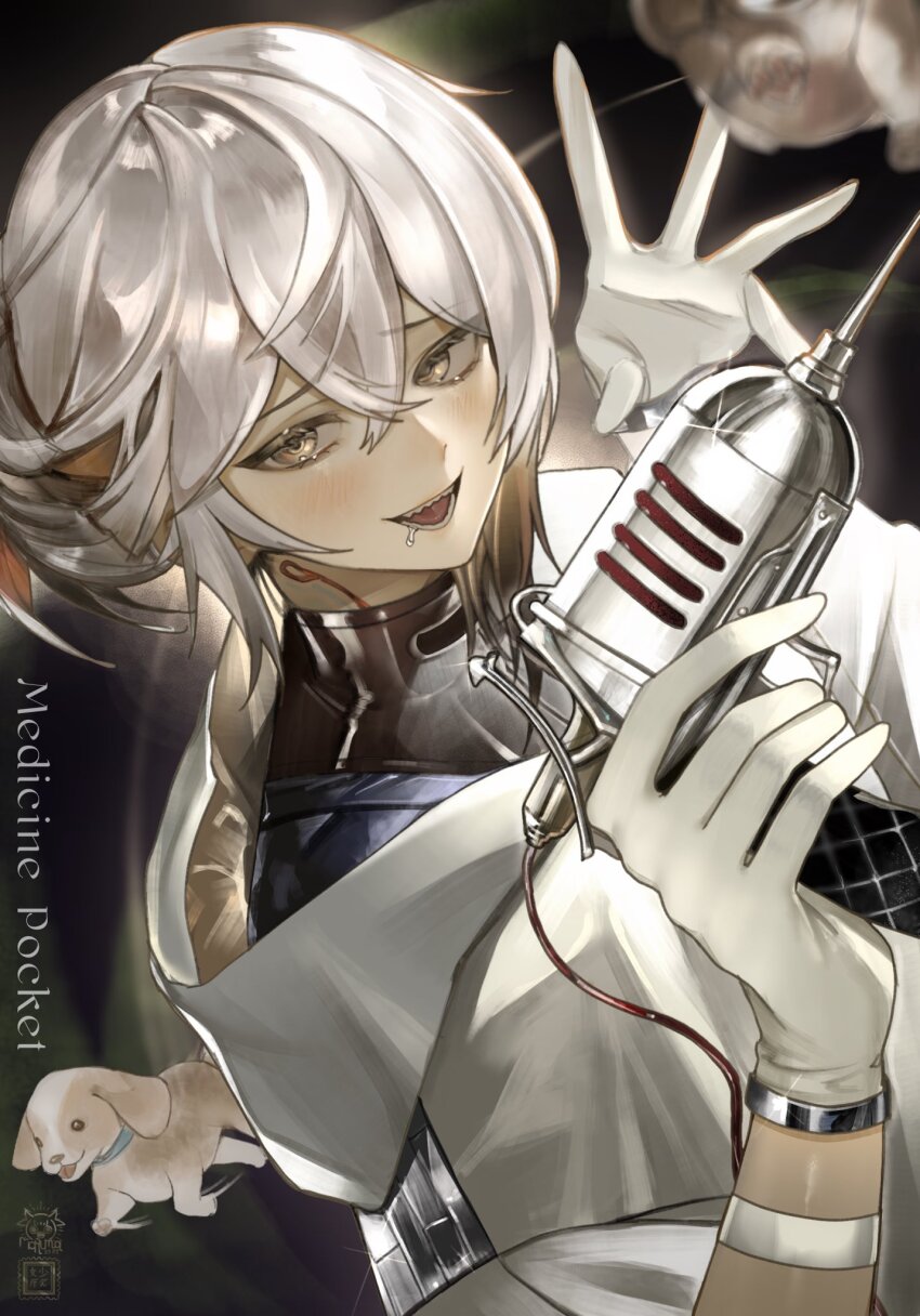 1other :d androgynous artist_logo beagle black_shirt brown_hair character_name coat colored_tips dark_background dog drooling furrowed_brow gloves gun hair_between_eyes handgun hands_up highres holding holding_gun holding_weapon hood hooded_coat logo looking_at_viewer maruma_gozu medicine_pocket multicolored_hair open_hand open_mouth reverse:1999 saliva shirt short_hair smile solo teeth upper_body weapon white_coat white_gloves white_hair yellow_eyes