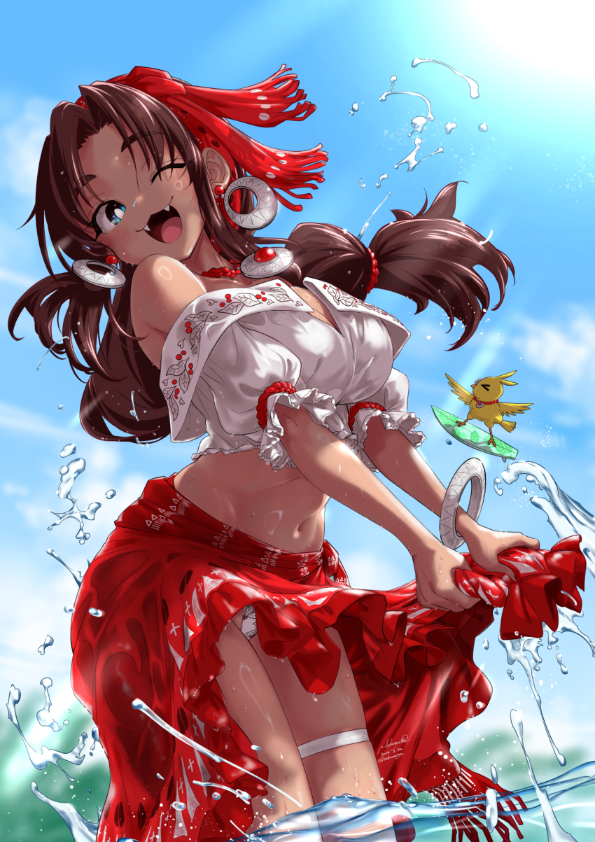 &gt;_&lt; 1girl bird blue_eyes bracelet braid breasts brown_hair crop_top dark-skinned_female dark_skin dated earrings fangs gypsy headband highres hoop_earrings jewelry large_breasts long_hair mocha_(nekoguchi) navel necklace nekoguchi one_eye_closed open_mouth original panties pantyshot puffy_short_sleeves puffy_sleeves red_headband red_skirt shiny_skin shirt short_sleeves signature skirt smile solo surfboard thigh_strap twitter_username underwear water wet wet_clothes white_shirt