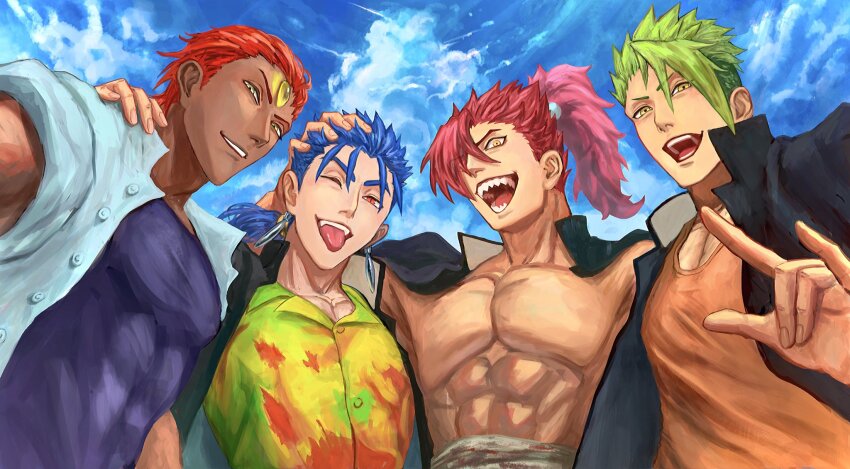 4boys achilles_(fate) ao_(en6gtl) ashwatthama_(fate) black_jacket cu_chulainn_(fate) dark_skin earrings fate/grand_order fate_(series) from_below green_eyes hawaiian_shirt highres jacket jewelry light_blue_jacket male_focus mori_nagayoshi_(fate) multiple_boys muscular muscular_male orange_tank_top purple_shirt red_eyes shirt sky tank_top topless_male yellow_eyes