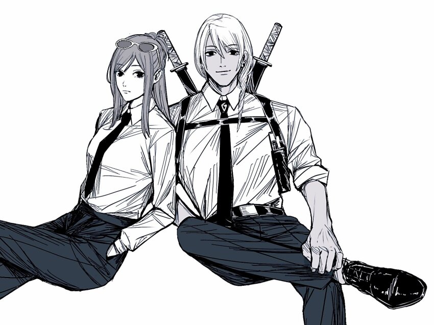 1boy 1girl ace_attorney alternate_costume amikoiiko apollo_justice:_ace_attorney belt belt_buckle buckle chainsaw_man chest_harness collared_shirt crossed_legs dark-skinned_male dark_skin drill_hair earrings ema_skye eyewear_on_head figure_four_sitting fingernails fujimoto_tatsuki_(style) greyscale gun half_updo hand_in_pocket hand_on_own_ankle handgun hands_in_pockets harness highres holster initial jewelry katana klavier_gavin light_smile long_hair long_sleeves looking_at_viewer medium_hair mismatched_eyebrows monochrome necktie pants pleated_pants scabbard sheath shirt shirt_tucked_in simple_background single_earring sitting sleeves_rolled_up sunglasses sword tinted_eyewear weapon white_background