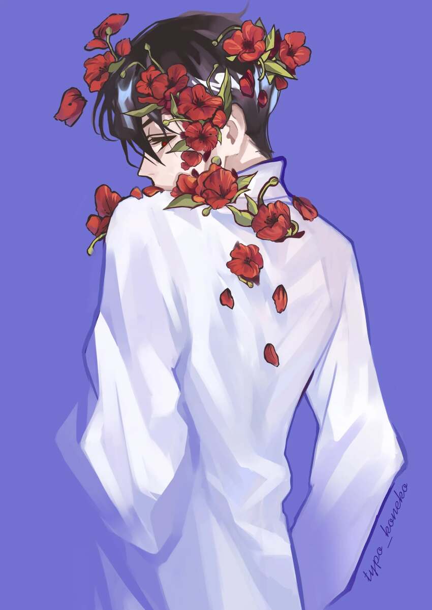 1boy absurdres alien_stage artist_name black_eyes black_hair commentary_request flower flower_on_head from_behind highres ivan_(alien_stage) long_sleeves looking_back male_focus purple_background red_flower red_pupils shirt short_hair simple_background solo typo_koneko very_short_hair vietnamese_commentary white_shirt