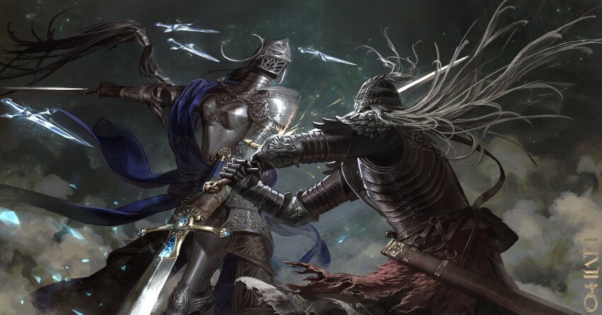 1girl 1other absurdres ambiguous_gender armor armored_skirt black_hair bloody_wolf_(elden_ring) blue_surcoat breastplate commentary couter cuisses dual_wielding duel elden_ring elden_ring:_shadow_of_the_erdtree english_commentary facing_another fake_horns fighting floating floating_object floating_sword floating_weapon full_armor gauntlets greaves helm helmet highres holding holding_sword holding_weapon horned_helmet horns ofthelimbo pauldrons plate_armor rellana_twin_moon_knight sheath shoulder_armor swinging sword tarnished_(elden_ring) unsheathed weapon