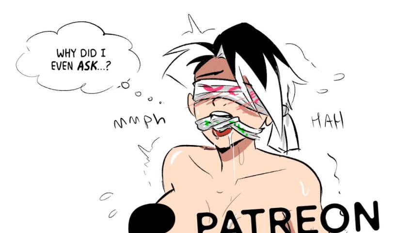 1girl black_hair blindfold blush breasts cloth_gag collarbone commentary drooling english_commentary english_text gag gagged highres improvised_gag large_breasts like_and_retweet multicolored_hair nude open_mouth original out-of-frame_censoring paid_reward_available patreon_logo quiver_(spicymancer) saliva short_hair simple_background solo speech_bubble spicymancer thought_bubble tongue tongue_out trembling twitter_cutting_game two-tone_hair upper_body white_background white_hair