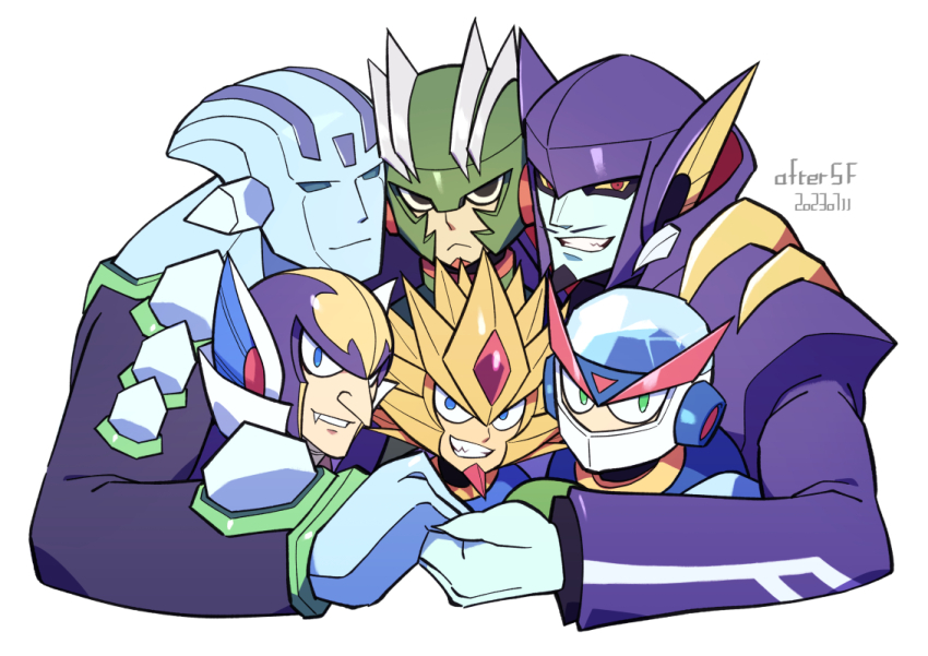 6+boys black_eyes blue_eyes blue_sclera clenched_teeth colored_sclera covered_mouth facial_hair freeze_man freezeman.exe frown goatee green_eyes helmet holding_hands hug in-franchise_crossover looking_at_viewer male_focus mega_man_(classic) mega_man_(series) mega_man_7 mega_man_battle_network_(series) mega_man_battle_network_2 mega_man_battle_network_6 multiple_boys mustache red_eyes robot shade_man shademan.exe simple_background slash_man slashman.exe smile teeth tsuchibori upper_body white_background yellow_sclera