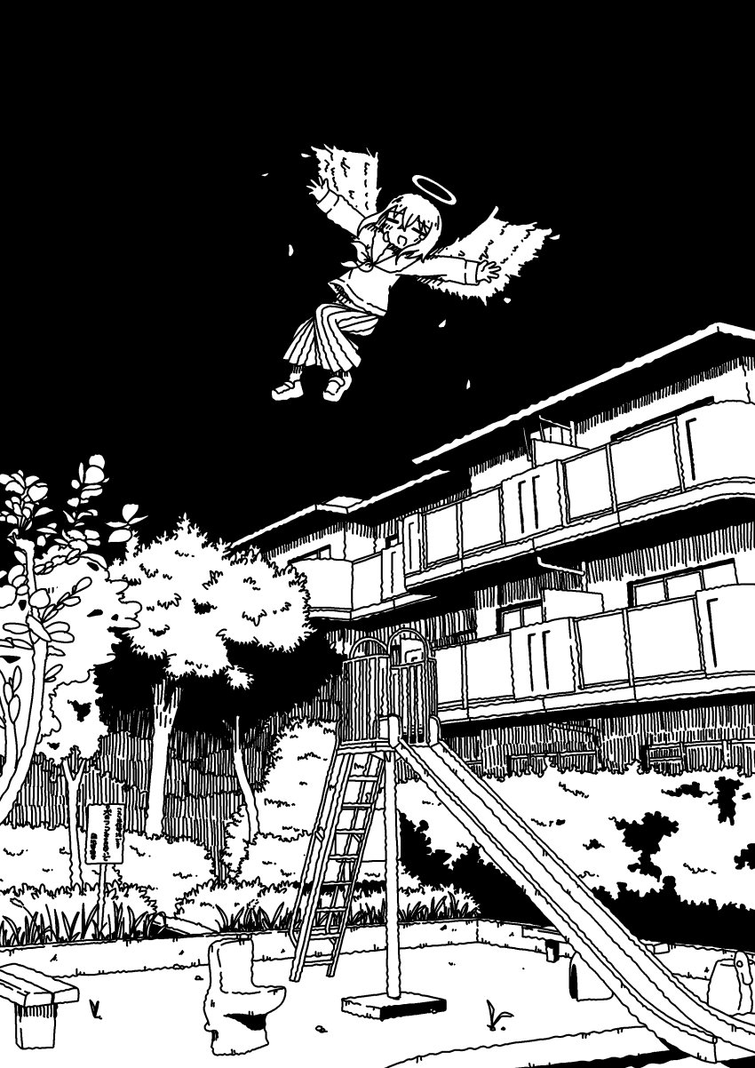 1girl absurdres angel apartment closed_eyes commentary emesan_desu greyscale halo highres loafers long_sleeves monochrome open_mouth original outstretched_arms playground pleated_skirt sailor_collar scenery shoes skirt slide solo spread_arms spread_wings tree