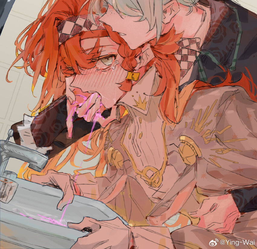 2girls black_coat blush checkered_hairband chinese_commentary coat commentary_request faucet finger_in_another&#039;s_mouth freckles gloves grey_eyes grey_hair hairband high_collar long_hair multiple_girls orange_hair parted_lips reverse:1999 sink sonetto_(reverse:1999) tears vertin_(reverse:1999) vomit watermark weibo_watermark white_gloves ying_(suetmo) yuri