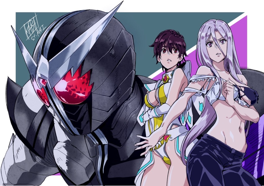 2girls breasts cleavage fuuto_tantei kamen_rider_w long_hair medium_breasts midriff multiple_girls navel official_art purple_eyes purple_hair sports_bra tokime_(fuuto_tantei) torn_clothes unworn_wig wig