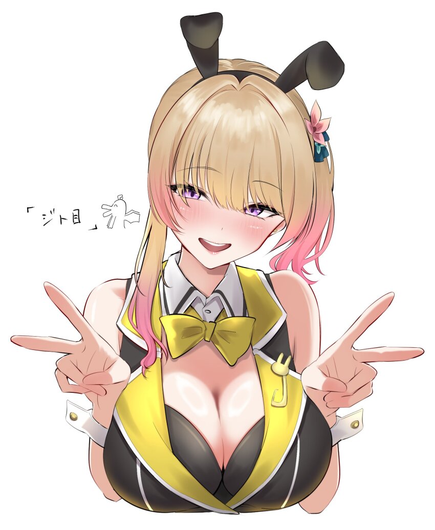 1girl animal_ears bare_shoulders black_vest blonde_hair bow bowtie breasts bunny_garden cleavage collared_vest cropped_torso double_v fake_animal_ears flower gradient_hair hair_between_eyes hair_flower hair_ornament highres hostess large_breasts long_hair looking_at_viewer multicolored_hair muton_(muton82) pink_hair rabbit_ears rin_(bunny_garden) side_ponytail simple_background smile solo upper_body v vest white_background yellow_bow yellow_bowtie