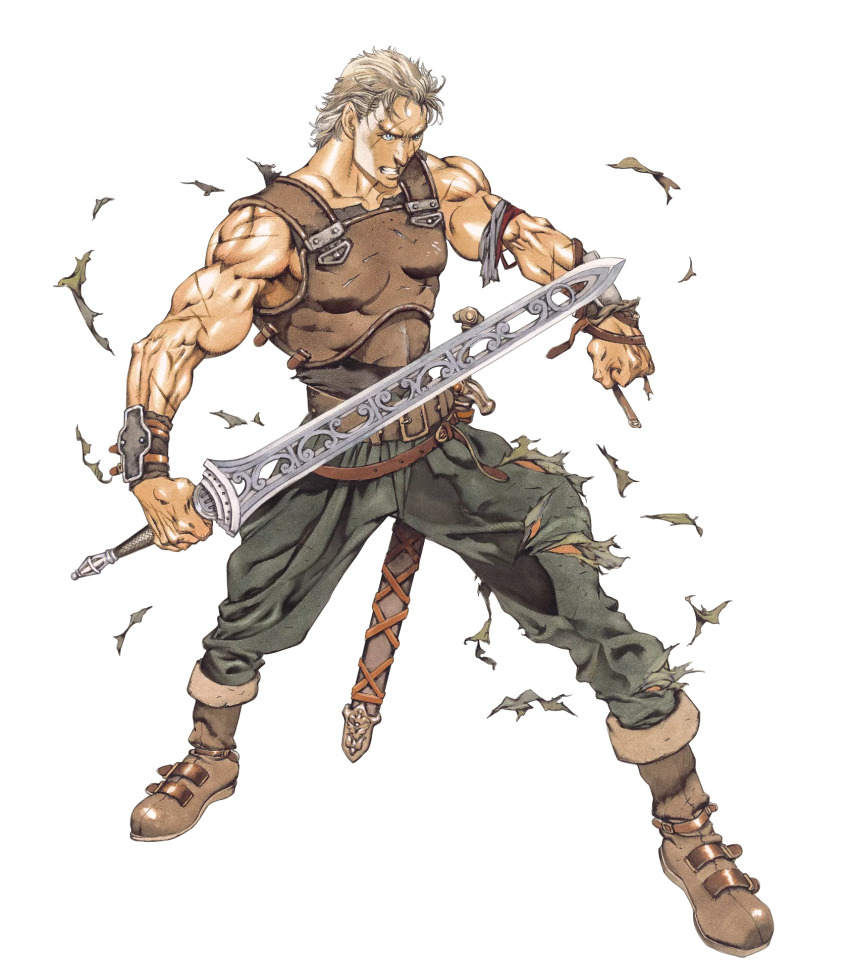 1boy biceps blonde_hair boots cross_scar fire_emblem fire_emblem:_new_mystery_of_the_emblem fire_emblem:_shadow_dragon full_body green_pants highres holding holding_sword holding_weapon male_focus mature_male muscular muscular_male nintendo official_art ogma_(fire_emblem) pants scar scar_across_eye scar_on_face sword third-party_source weapon yamada_akihiro