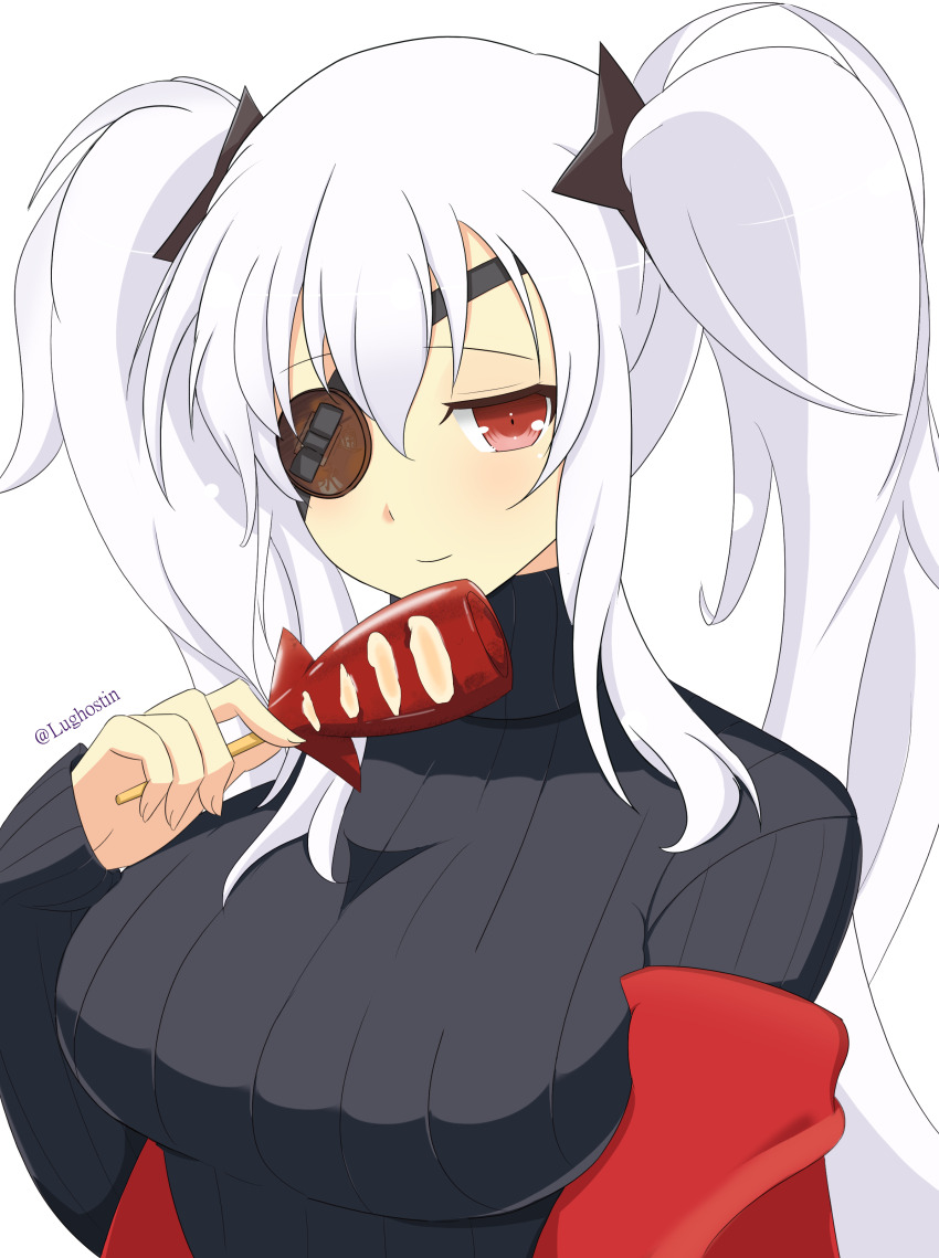 1girl absurdres alternate_costume eyepatch food highres holding holding_food looking_at_viewer lughost red_eyes ribbed_sweater senran_kagura shuriken_hair_ornament solo squid sweater turtleneck turtleneck_sweater twintails twitter_username white_hair yagyu_(senran_kagura)