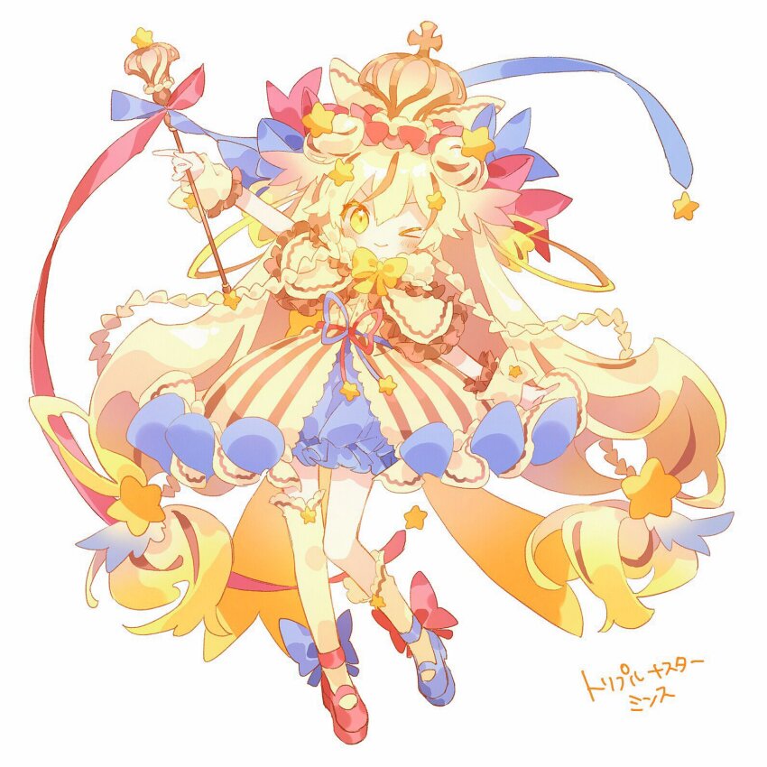 1girl ;) alcremie alcremie_(rainbow_swirl) alcremie_(star_sweet) asymmetrical_footwear blue_bow blue_footwear blush bow bowtie capelet crown dress frilled_capelet frilled_dress frilled_gloves frills full_body gen_8_pokemon gloves gradient_hair head_wings hibi89 highres looking_at_viewer mismatched_footwear multicolored_hair nintendo one_eye_closed personification pink_bow pink_shoes pokemon shoes single_sock single_thighhigh smile socks solo streaked_hair thighhighs white_capelet white_dress white_gloves white_socks white_thighhighs wings yellow_bow yellow_bowtie yellow_eyes