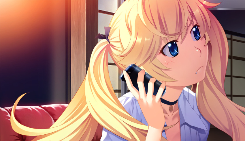 1girl black_choker black_ribbon blonde_hair blue_eyes blush cellphone cellphone_charm charm_(object) choker closed_mouth collarbone collared_shirt couch fang fang_out game_cg grisaia_(series) grisaia_no_rakuen hair_ribbon holding holding_phone indoors large_variant_set long_hair matsushima_michiru non-web_source official_art phone portrait ribbon shirt solo talking_on_phone twintails variant_set watanabe_akio white_shirt