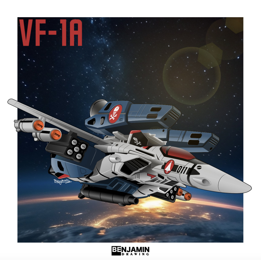 artist_logo benjamin_(user_scjv3278) canopy_(aircraft) choujikuu_yousai_macross earth_(planet) flying highres lens_flare logo macross missile missile_pod outside_border planet roundel skull_and_crossbones space variable_fighter vehicle_focus vehicle_name vf-1a white_background