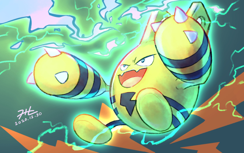 :d commentary_request dated electricity elekid fangs gen_2_pokemon lightning_bolt_symbol looking_ahead nintendo null_suke one-hour_drawing_challenge open_mouth pokemon pokemon_(creature) signature skin_fangs smile
