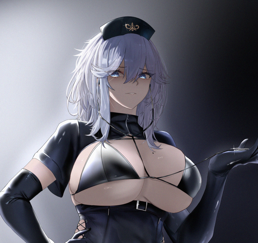 1girl azur_lane black_gloves black_shrug blue_eyes breasts gloves gradient_background grey_hair hair_between_eyes hand_on_own_hip hat high-waist_skirt highres holding holding_stethoscope large_breasts latex latex_gloves looking_at_viewer medium_hair mole mole_on_breast nurse_cap official_alternate_costume shrug_(clothing) skirt solo stethoscope upper_body uss_washingtonisthebest1940 washington_(azur_lane) washington_(making_the_rounds)_(azur_lane)
