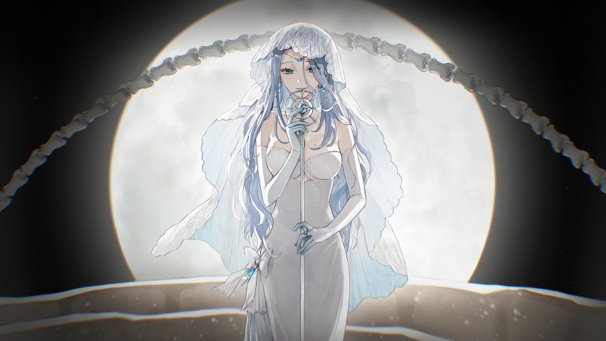 1girl blue_eyes bow breasts circlet closed_mouth commentary dress dress_bow earrings elbow_gloves english_commentary full_moon gloves grey_hair highres holding holding_microphone_stand jewelry long_hair microphone microphone_stand monarch_(amalee) moon moonie ring smile solo spine strapless strapless_dress veil very_long_hair vshojo white_bow white_dress white_gloves