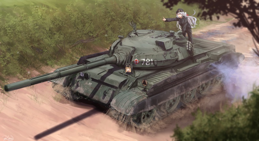 2girls arm_support beret caterpillar_tracks closed_eyes driving dust_cloud goggles goggles_on_head hat helmet highres karo-chan long_hair military military_uniform military_vehicle motor_vehicle multiple_girls original pointing poland road signature silver_hair smile standing t-55 t-55am_merida tank vehicle