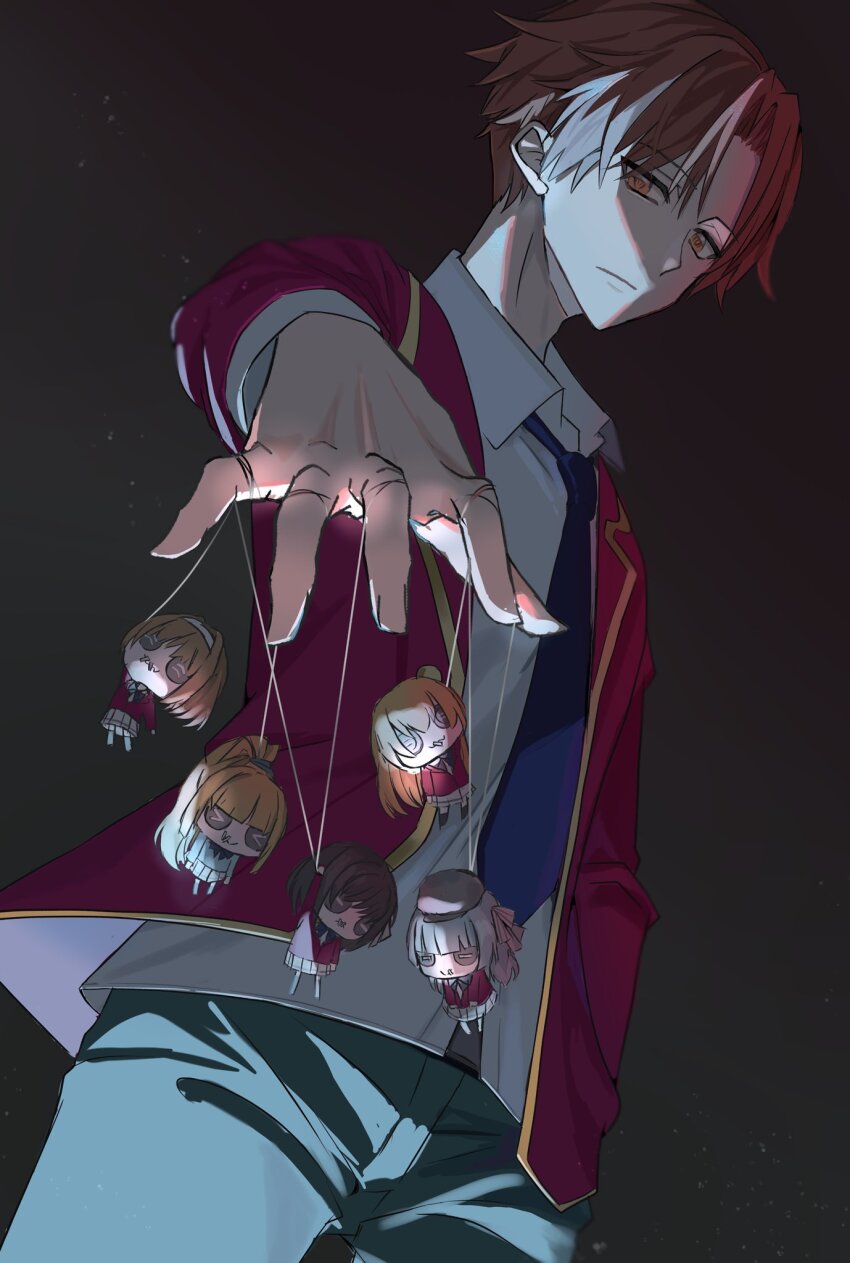 1boy 5girls advanced_nurturing_high_school_uniform ayanokouji_kiyotaka black_hair blazer blonde_hair blue_necktie brown_eyes brown_hair closed_mouth collared_shirt haclitna highres horikita_suzune ichinose_honami_(youjitsu) jacket karuizawa_kei kushida_kikyou long_hair long_sleeves male_focus multiple_girls necktie pants pleated_skirt puppet_strings red_jacket sakayanagi_arisu school_uniform shirt short_hair skirt white_shirt white_skirt youkoso_jitsuryoku_shijou_shugi_no_kyoushitsu_e