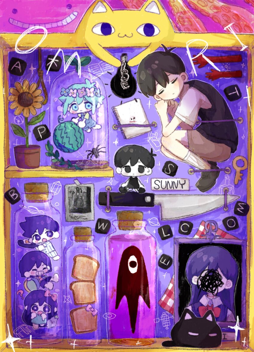 2girls 5boys aubrey_(headspace)_(omori) aubrey_(omori) basil_(headspace)_(omori) basil_(omori) big_yellow_cat_(omori) black_eyes black_footwear black_hair black_socks black_sweater_vest bread bread_slice brown_shorts bug cat character_name closed_eyes colored_skin copyright_name flower food frying_pan green_hair head_wreath hero_(headspace)_(omori) hero_(omori) highres holding holding_frying_pan humphrey_(omori) kel_(headspace)_(omori) kel_(omori) long_hair looking_at_viewer mari_(headspace)_(omori) mari_(omori) mewo mugi062 multiple_boys multiple_girls omori omori_(omori) photo_(object) plant potted_plant purple_eyes purple_hair short_hair shorts silk socks something_(omori) spider spider_web sunflower sunny_(omori) sweater_vest toast white_skin white_socks