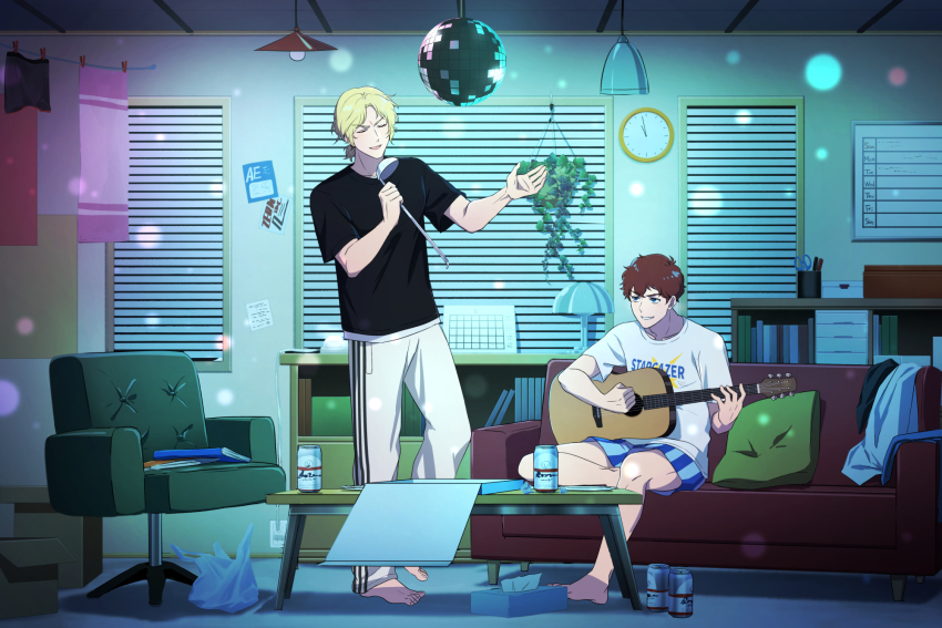 2boys amuro_ray blonde_hair brown_hair char_aznable commentary_request gloves guitar gundam gundam_gquuuuuux highres holding holding_guitar holding_instrument instrument multiple_boys music nvig00 open_mouth pants scene_reference shirt short_hair short_sleeves shorts shuji_ito singing smile zeta_gundam