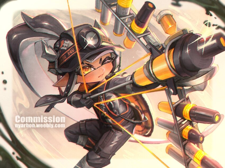 1girl aiming biahnyang black_boots black_gloves black_hair black_helmet black_jumpsuit black_vest blunt_bangs boots bow_(weapon) closed_mouth commission glint gloves grizzco_stringer_(splatoon) harness headlamp headset helmet high-visibility_clothing high-visibility_vest high_ponytail holding holding_bow_(weapon) holding_weapon inkling inkling_girl inkling_player_character jumpsuit lifebuoy long_hair mining_helmet nintendo one_eye_closed pointy_ears ponytail rubber_boots rubber_gloves salmon_run_(splatoon) sidelocks solo splatoon_(series) splatoon_3 swim_ring tentacle_hair very_long_hair vest watermark weapon yellow_eyes