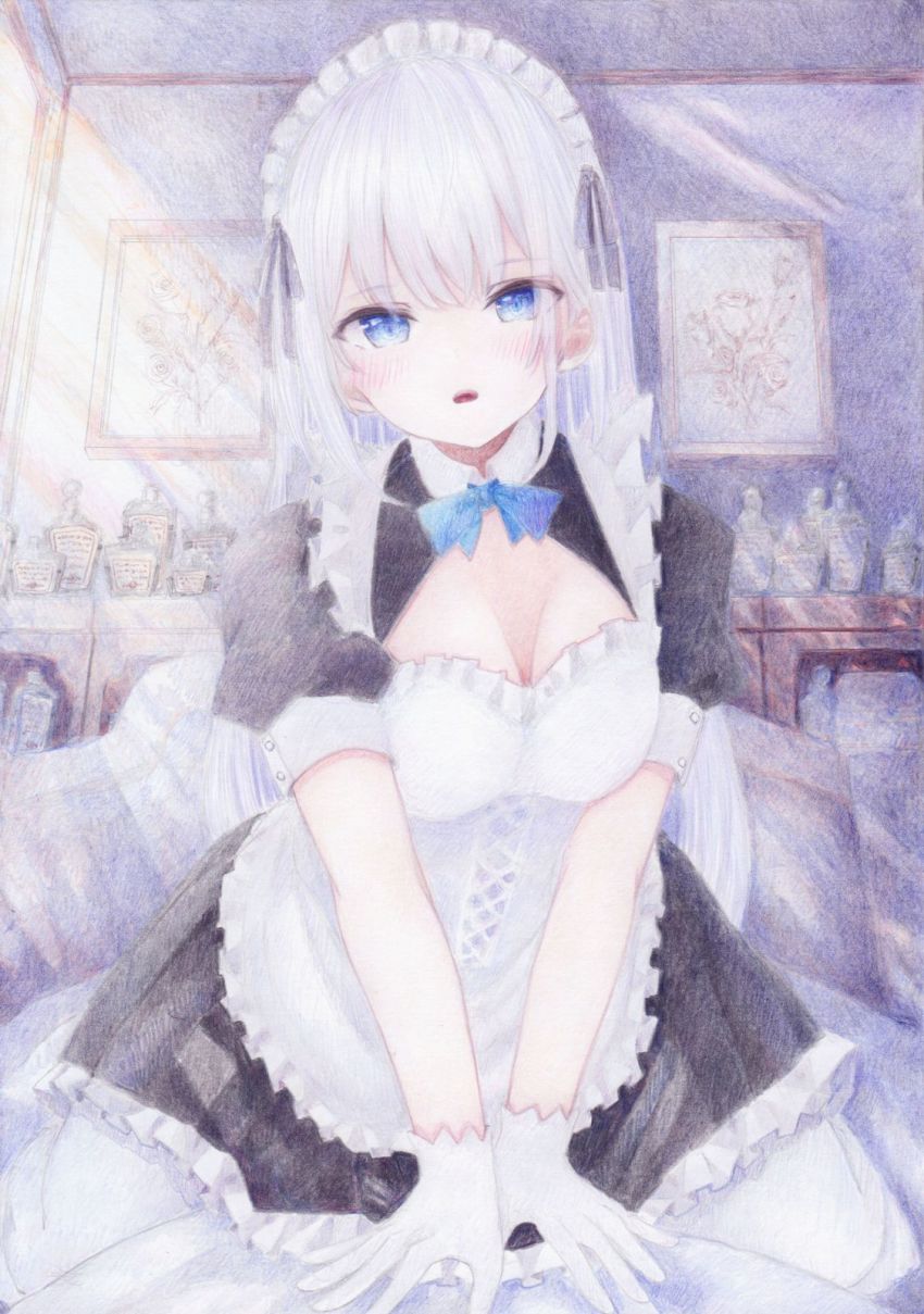 apron blue_eyes blush breasts cleavage colored_pencil_(medium) darkkanan dress eyes_visible_through_hair frilled_apron frilled_dress frills gloves hair_between_eyes highres kneeling long_hair looking_at_viewer maid maid_apron maid_headdress open_mouth original painting_(medium) sidelocks traditional_media watercolor_(medium) white_gloves white_hair white_legwear