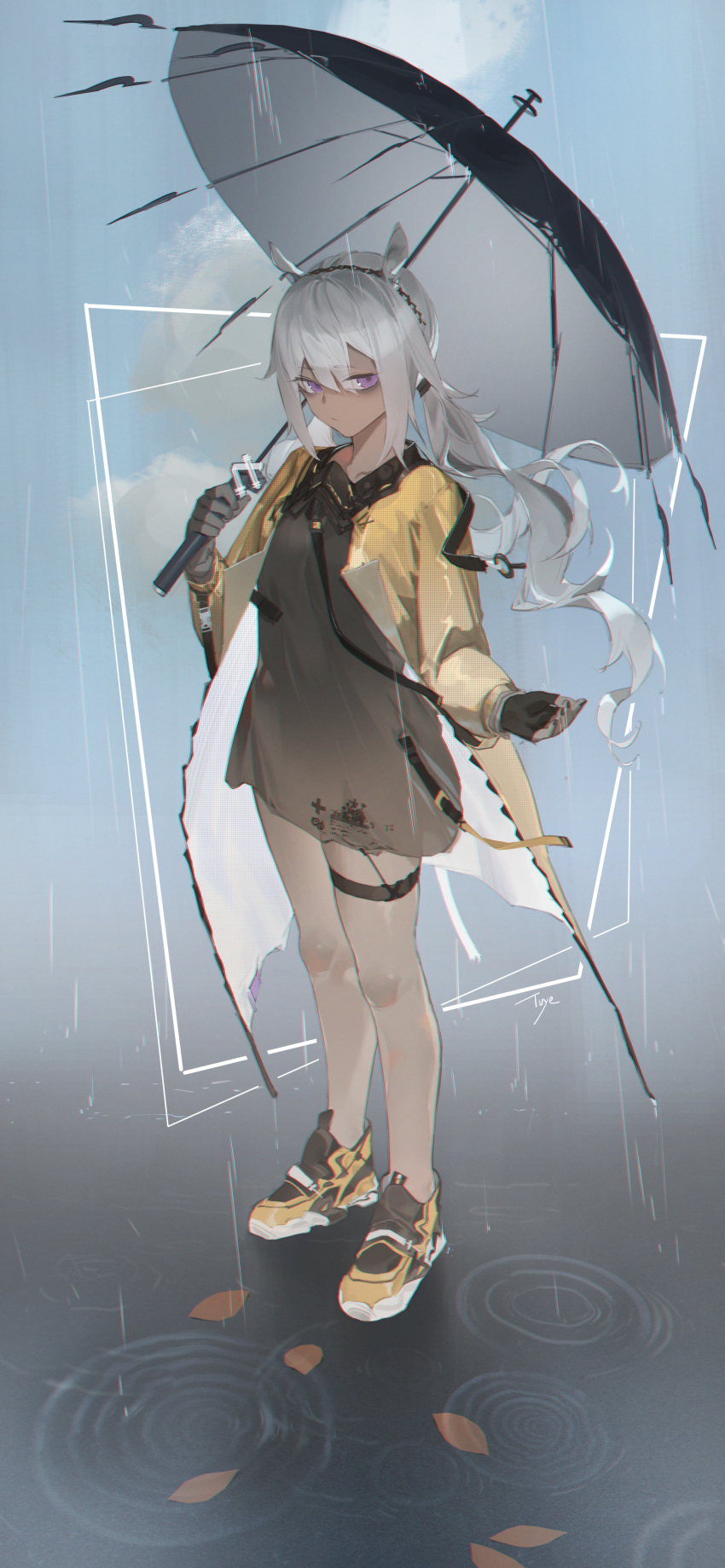 1girl absurdres animal_ears arknights art_study bags_under_eyes black_dress black_gloves black_nails black_undershirt blue_sky brown_jacket closed_mouth cloud commentary_request danzir dark-skinned_female dark_skin dress fingerless_gloves full_body gloves grey_hair hair_between_eyes highres holding holding_umbrella jacket long_hair long_sleeves nail_polish open_clothes open_jacket puffy_long_sleeves puffy_sleeves purple_eyes rain ripples shoes sky solo standing tuye_(arknights) umbrella very_long_hair water yellow_shoes