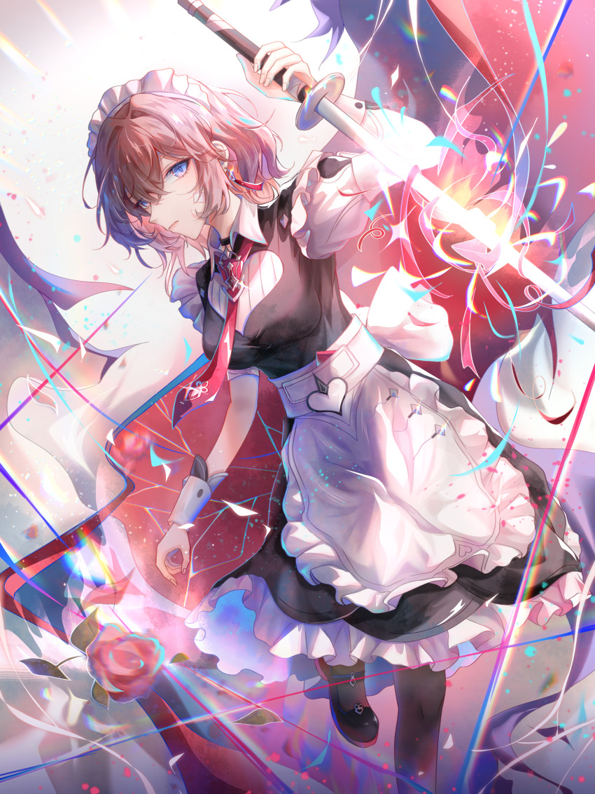1girl absurdres apron bandaid bandaid_on_face black_dress black_pantyhose black_shoes blue_eyes breasts brown_hair chinese_commentary commentary_request danli_suri dress earrings flower highres holding holding_sword holding_weapon honkai_(series) honkai_impact_3rd jewelry lantern_(honkai_impact) maid maid_apron maid_headdress medium_breasts necktie official_alternate_costume pantyhose red_flower red_necktie red_rose rose shoes short_hair solo sword weapon white_apron