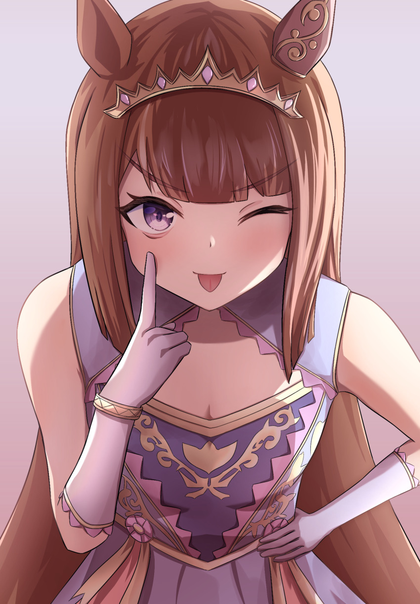 1girl ;p akanbe animal_ears bare_shoulders blunt_bangs breasts brown_hair cleavage cleavage_cutout clothing_cutout dress ear_covers elbow_gloves eyelid_pull gloves gradient_background grey_background highres horse_ears leaning_forward long_hair looking_at_viewer official_alternate_costume official_alternate_hairstyle one_eye_closed pilinthia purple_dress purple_eyes purple_gloves single_ear_cover small_breasts solo straight_hair sweep_tosho_(realize_rune)_(umamusume) sweep_tosho_(umamusume) tiara tongue tongue_out umamusume upper_body v-shaped_eyebrows very_long_hair