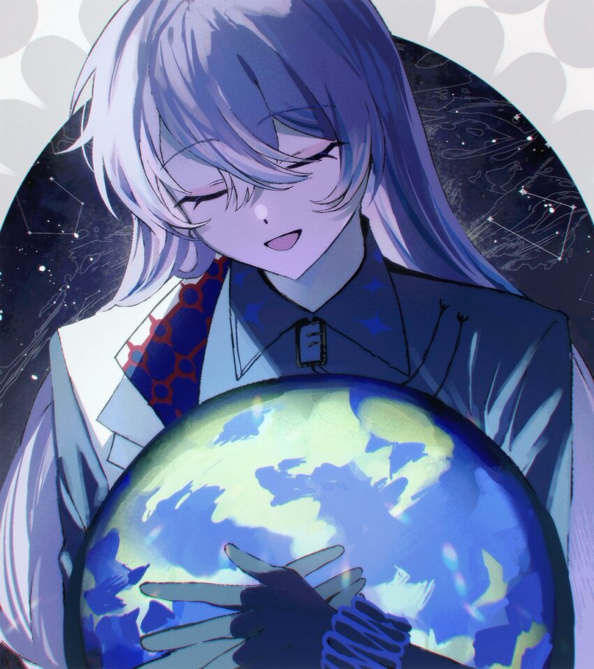 1boy closed_eyes constellation earth_(planet) grey_hair hair_between_eyes highres holding_planet hoshirube_sho hoshirube_sho_(1st_costume) jacket long_hair long_sleeves lrprr nijisanji open_mouth planet scrunchie smile solo virtual_youtuber white_jacket wrist_scrunchie