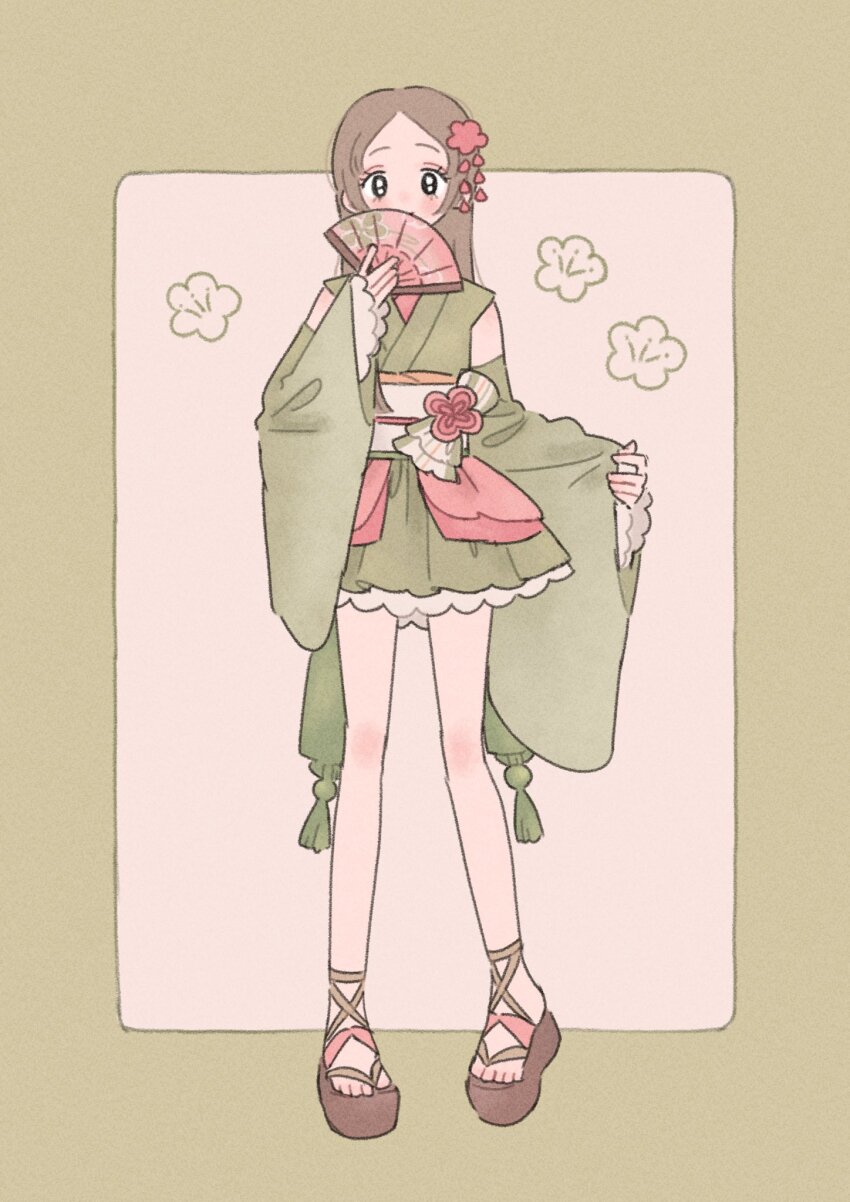 1girl black_eyes blush border brown_hair bucket_hat_(buckethat_chan) covered_mouth detached_sleeves dress fan_to_mouth flower_symbol full_body gakuen_idolmaster green_border green_dress hand_fan highres holding holding_fan idolmaster japanese_clothes kimono_dress kuramoto_china long_hair long_sleeves looking_at_viewer no_socks obi obiage obijime outside_border parted_bangs pinching_sleeves platform_sandals sash short_dress simple_background sleeveless sleeveless_dress solo standing white_background wide_sleeves