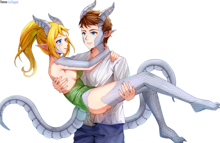 1boy 1girl absurdres artist_logo barefoot blonde_hair blue_eyes blue_pants breasts brown_hair carrying dragon_boy dragon_girl dragon_horns green_leotard grey_scales hands_on_another&#039;s_shoulders high_ponytail highres horns leotard logo lori_hagami original pants parted_lips pointy_ears ponytail princess_carry shirt simple_background smile strapless strapless_leotard white_background white_shirt