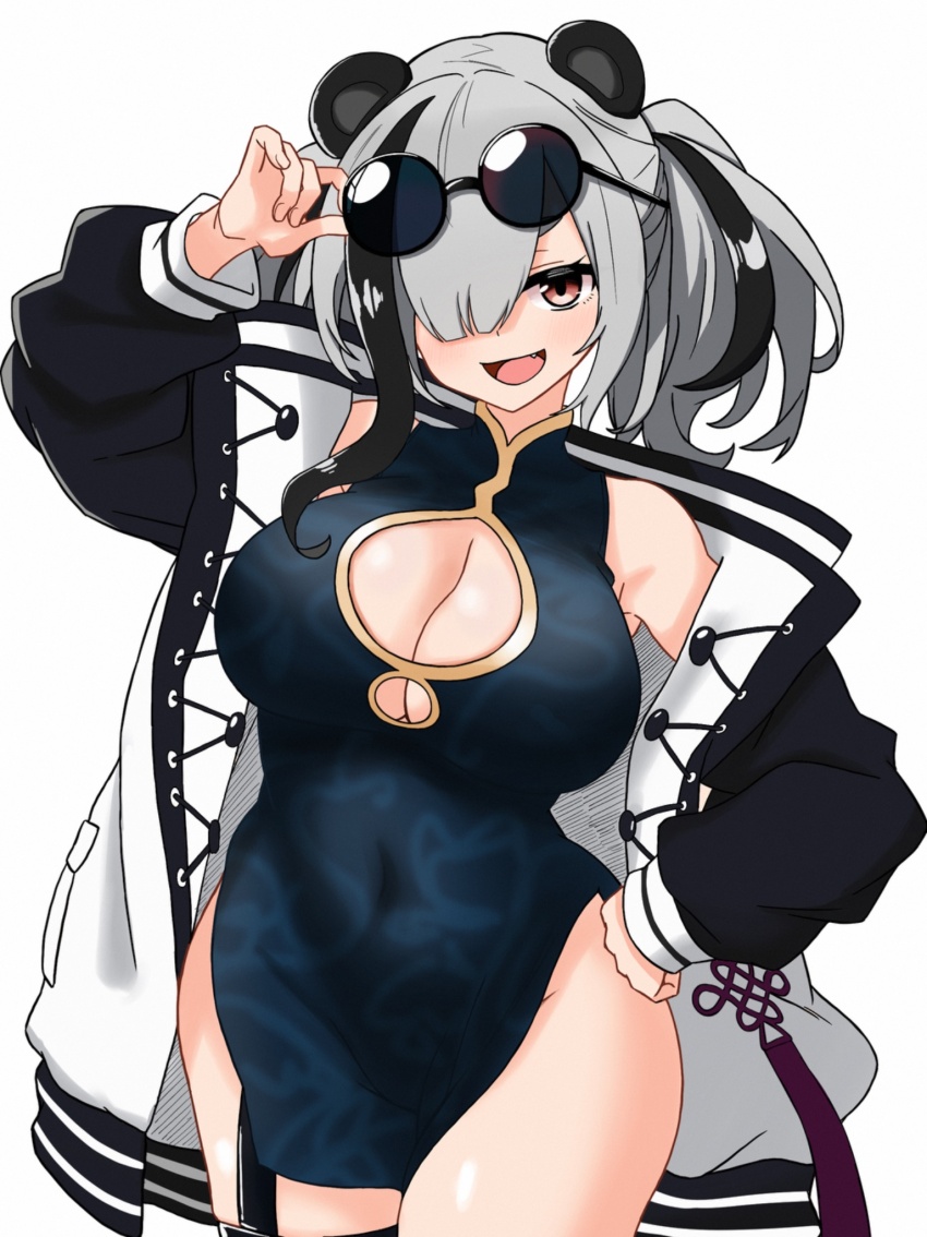 1girl adjusting_eyewear animal_ears arknights black_hair black_jacket blue-tinted_eyewear blue_dress blush breasts china_dress chinese_clothes chinese_knot cleavage cleavage_cutout clothing_cutout commentary covered_navel cowboy_shot dress eyewear_on_head fang feater_(arknights) grey_hair hair_between_eyes hair_over_one_eye hand_on_own_hip highres jacket large_breasts letterman_jacket long_bangs looking_at_viewer medium_hair midori10 multicolored_hair multicolored_jacket open_clothes open_jacket open_mouth orange_eyes panda_ears panda_girl purple-tinted_eyewear round_eyewear short_dress side_slit simple_background smile solo standing streaked_hair sunglasses thigh_strap tinted_eyewear twintails two-tone_hair two-tone_jacket white_background white_jacket