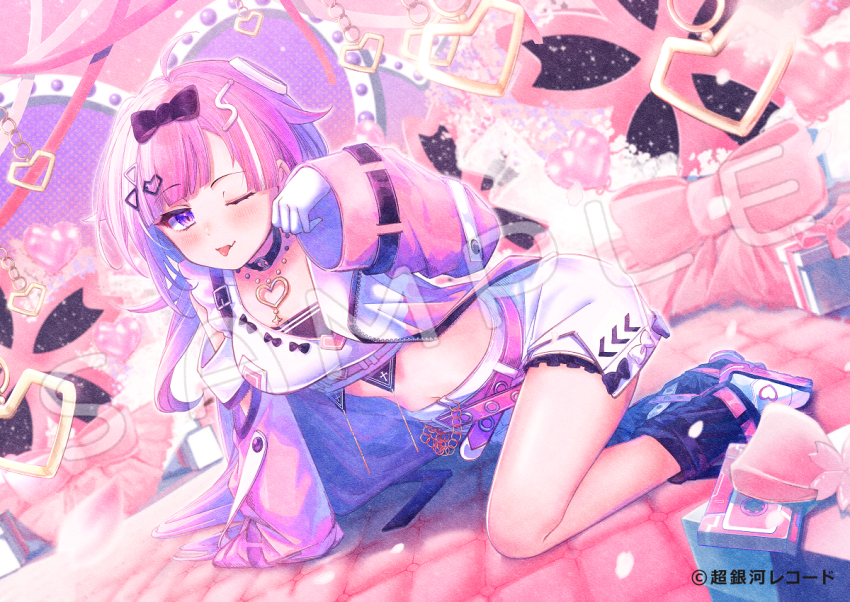 1girl ;p ahoge arm_support balloon belt belt_buckle black_bow black_socks blue_hair blush bow breasts buckle cassette_tape commentary_request copyright_request crop_top frilled_shorts frills full_body gloves hair_bow hair_ornament hand_up heart_balloon ittokyu jacket long_sleeves looking_at_viewer medium_breasts multicolored_hair navel official_art one_eye_closed open_clothes open_jacket petals pink_belt pink_hair pink_jacket purple_eyes sample_watermark shoes short_shorts shorts sleeves_past_fingers sleeves_past_wrists socks solo streaked_hair tongue tongue_out two-tone_hair watermark white_gloves white_hair white_shoes white_shorts