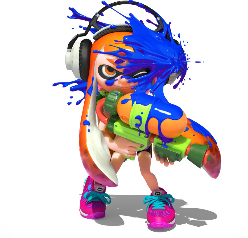 1girl 3d absurdres bare_arms bike_shorts eye_mask full_body gradient_hair headphones highres holding holding_weapon ink_tank_(splatoon) inkling inkling_girl inkling_player_character kaori_(splatoon) long_hair looking_at_viewer multicolored_hair nintendo official_art one_eye_closed orange_eyes orange_hair paint_splatter paint_splatter_on_face pink_shoes shirt shoelaces shoes short_eyebrows short_hair_with_long_locks sidelocks smile sneakers solo splatoon_(series) splatoon_1 splattershot_(splatoon) spotted_hair standing suction_cups t-shirt tentacle_hair thick_eyebrows transparent_background two-tone_hair v-shaped_eyebrows weapon white_shirt