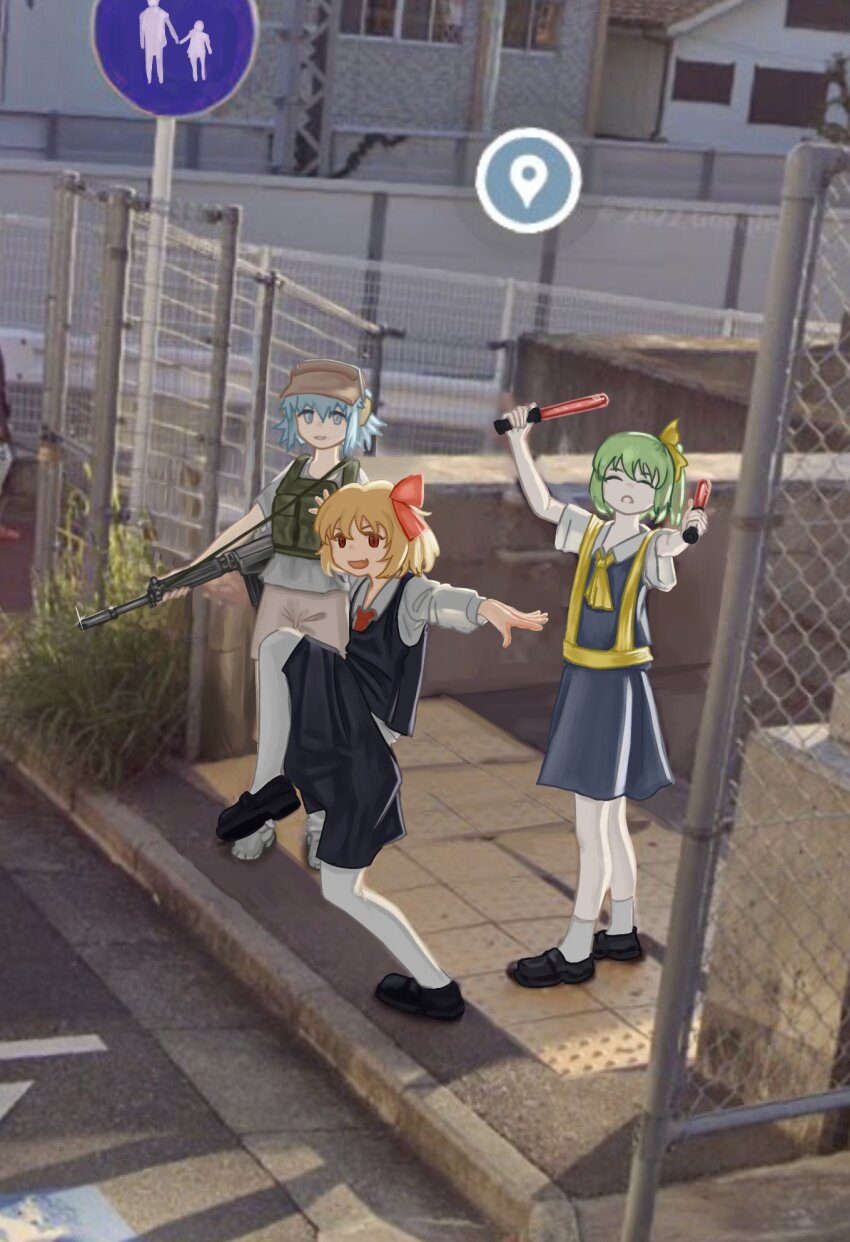 3girls ascot assault_rifle black_skirt black_vest blonde_hair blue_eyes blue_hair bow bulletproof_vest chain-link_fence cirno cirno_(cookie) collared_shirt colored_skin cookie_(touhou) daiyousei diyusi_(cookie) fence flat_chest full_body green_hair gun hair_bow hair_ribbon headset high-visibility_clothing high-visibility_vest high_school_girls_posing_for_google_street_view_(meme) highres long_sleeves looking_at_viewer meme multiple_girls nadeko_(cookie) nari-14 open_mouth outstretched_arms pantyhose pedestrians_only_sign photo-referenced photo_background red_ascot red_eyes red_ribbon ribbon rifle road_sign rumia shirt short_hair sign skirt skirt_set smile spread_arms touhou traffic_baton vest weapon white_pantyhose white_shirt white_skin yellow_bow