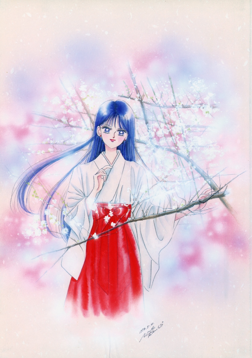 1girl absurdres alternate_costume alternate_hair_color artbook artist_name bishoujo_senshi_sailor_moon blue_eyes blue_hair cherry_blossoms cherry_tree closed_mouth dated earrings hakama hand_up highres incredibly_absurdres japanese_clothes jewelry kimono lips long_hair miko non-web_source official_alternate_costume official_alternate_eye_color official_alternate_hair_color official_art pale_skin red_hakama red_lips retro_artstyle scan signature smile solo stud_earrings takeuchi_naoko tree wide_sleeves