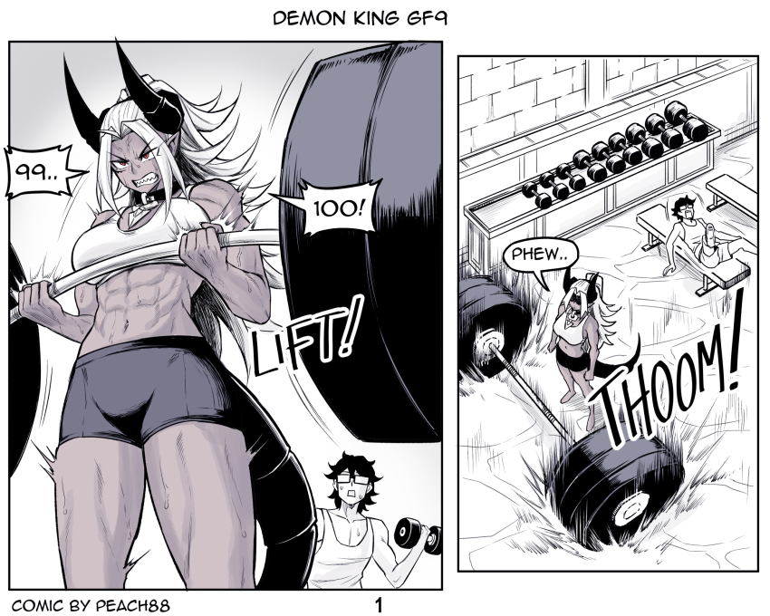 1boy 1girl abs alvida_(peach88) breasts counting demon_girl demon_horns dumbbell exercising glasses hero_(peach88) highres horns long_hair motion_lines muscular muscular_female navel original peach88 pointy_ears red_eyes sharp_teeth shorts sound_effects speech_bubble sports_bra sweat tail tank_top teeth veins veiny_arms veiny_face veiny_hands weightlifting