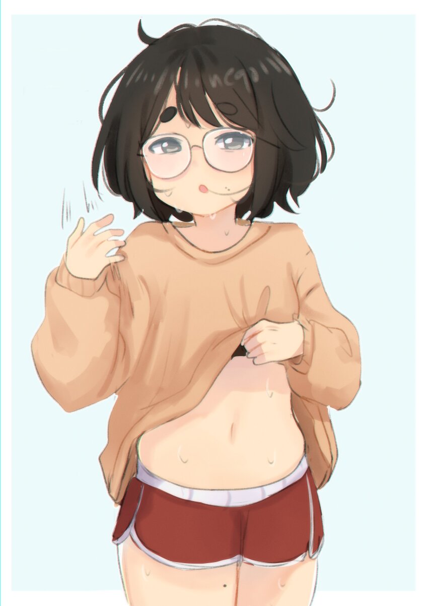 1girl absurdres black_eyes black_hair clothes_lift commentary cowboy_shot creator_(neneneqo) dolphin_shorts glasses highres hot midriff navel neqo_(neneneqo) orange_sweater original red_shorts short_shorts shorts solo sweat sweater sweater_lift symbol-only_commentary thick_eyebrows