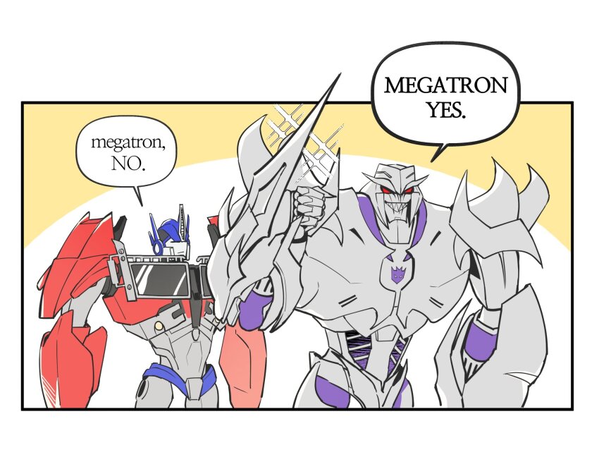 2boys autobot decepticon english_text highres insignia looking_at_viewer male_focus mecha mecha_focus megatron meme multiple_boys no_humans nothuman1205710 optimus_prime red_eyes robot science_fiction sharp_teeth smile speech_bubble sword teeth transformers transformers_prime weapon