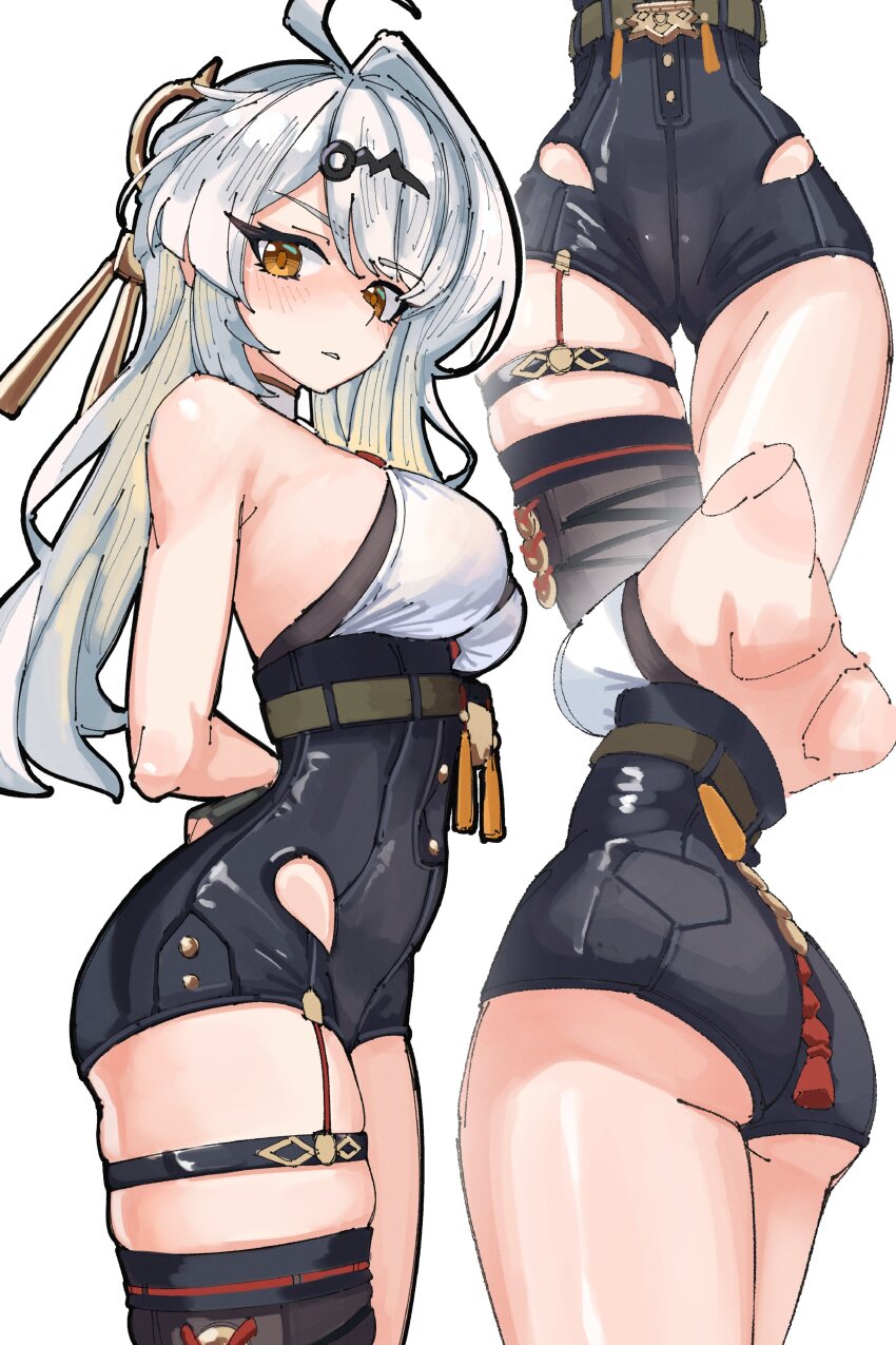 1girl absurdres ahoge ass back blush breasts highres hip_vent hoot_hoot_owl long_hair looking_at_viewer medium_breasts multiple_views parted_lips simple_background single_thighhigh thigh_strap thighhighs white_background white_hair yellow_eyes yixuan_(zenless_zone_zero) zenless_zone_zero