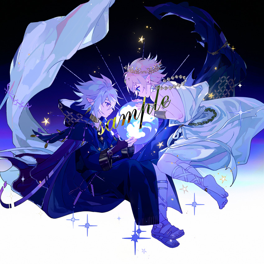 2boys alternate_costume aotu_world barefoot bishounen black_cape blonde_hair blue_eyes cape earrings eye_contact fingerless_gloves floating gloves grey_(aotu_world) highres hood jewelry kelme king_(aotu_world) looking_at_another male_focus multiple_boys pointy_ears robe sample_watermark sandals short_hair smile sparkle star_(symbol) watermark white_cape white_hair yaoi